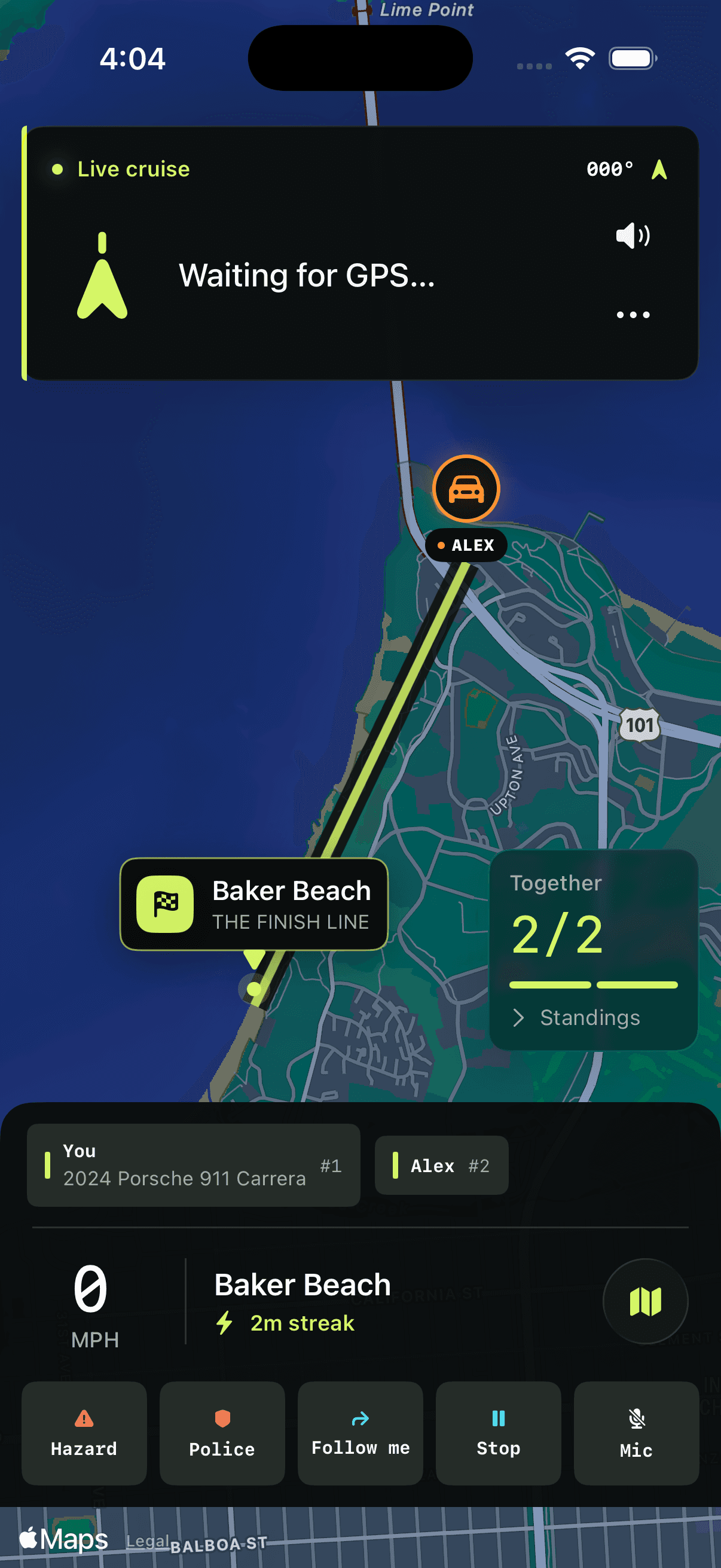 Cruise live map with the route to Baker Beach, a friend's car and the group shown as together
