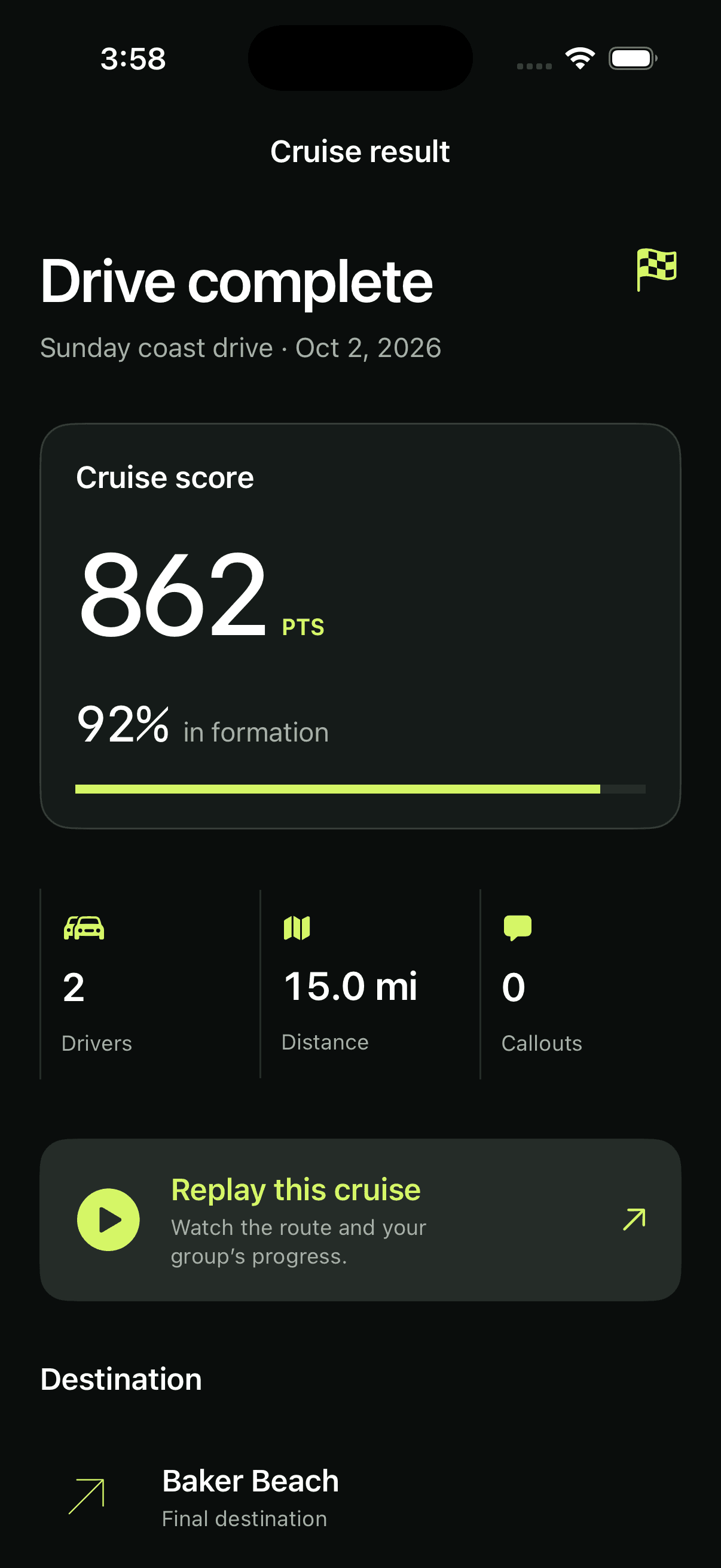 Cruise result screen: 862 points with 92 percent of the drive in formation